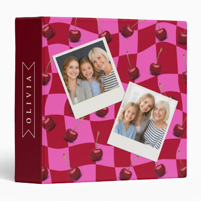 Personalized Cherry Gingham Retro Custom Name 3 Ring Binder (Front/Spine)