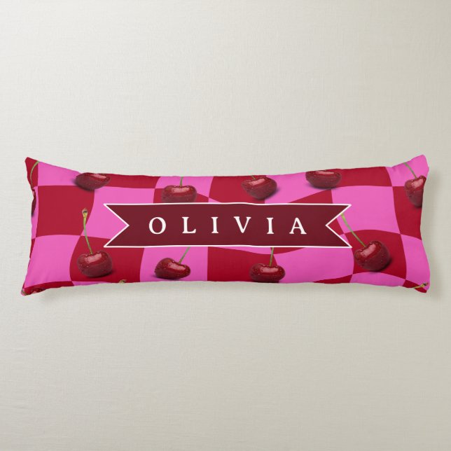 Personalized Cherry Gingham Retro Custom Name Body Pillow (Front)