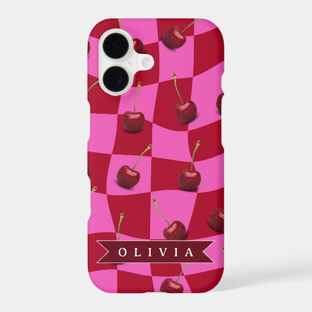 Personalized Cherry Gingham Retro Custom Name Case-Mate iPhone Case (Back)