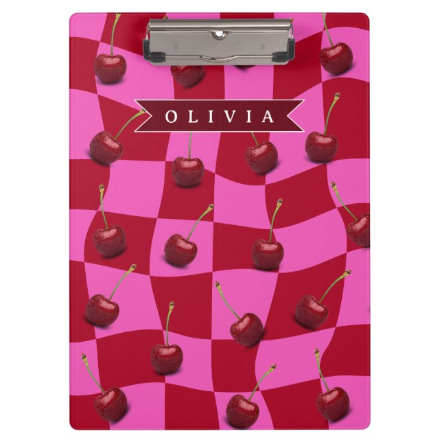 Personalized Cherry Gingham Retro Custom Name Clipboard (Front)