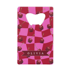 Personalized Cherry Gingham Retro Custom Name Credit Card Bottle Opener