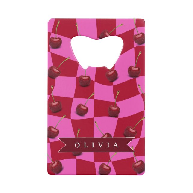 Personalized Cherry Gingham Retro Custom Name Credit Card Bottle Opener (Front)