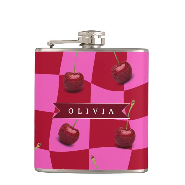Personalized Cherry Gingham Retro Custom Name Flask (Front)