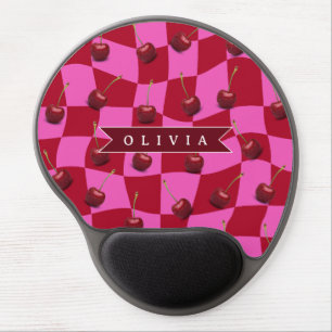 Personalized Cherry Gingham Retro Custom Name Gel Mouse Pad