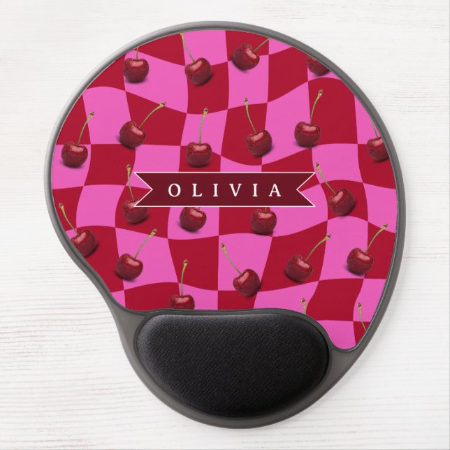 Personalized Cherry Gingham Retro Custom Name Gel Mouse Pad (Front)