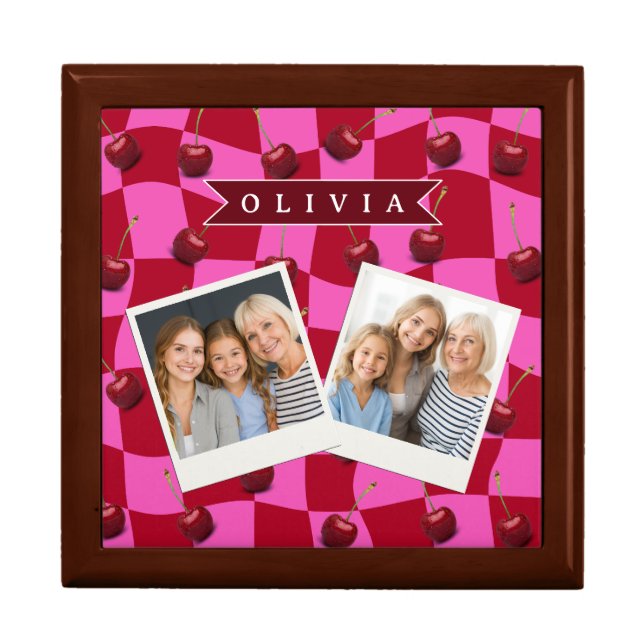 Personalized Cherry Gingham Retro Custom Name Gift Box (Front)