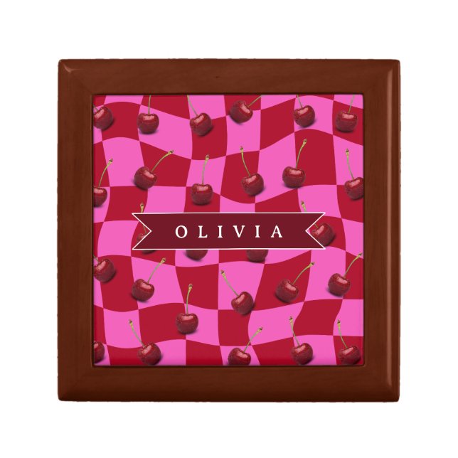 Personalized Cherry Gingham Retro Custom Name Gift Box (Front)