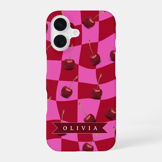 Personalized Cherry Gingham Retro Custom Name iPhone Case (Back)