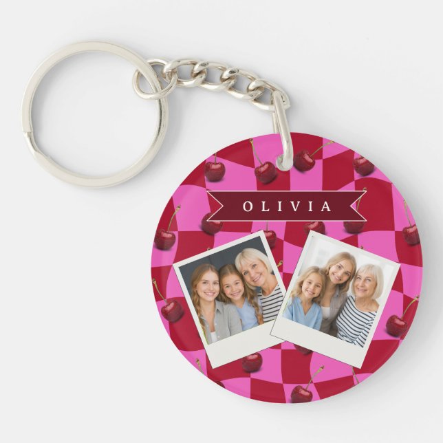 Personalized Cherry Gingham Retro Custom Name Keychain (Front)
