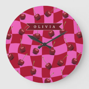 Personalized Cherry Gingham Retro Custom Name Large Clock