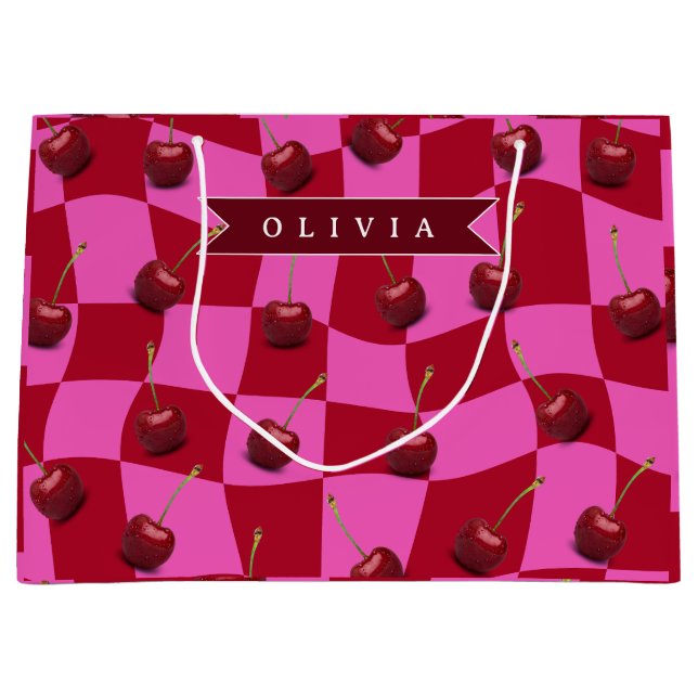 Personalized Cherry Gingham Retro Custom Name Large Gift Bag (Front)
