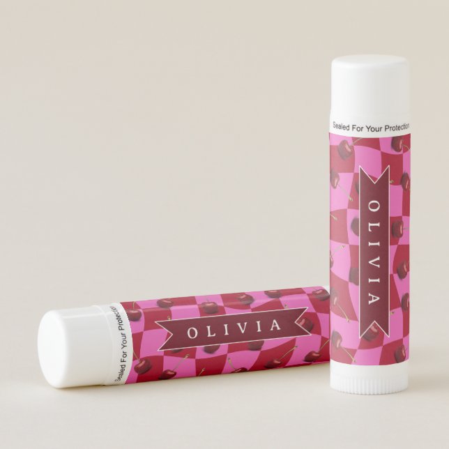 Personalized Cherry Gingham Retro Custom Name Lip Balm (Front)