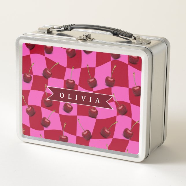 Personalized Cherry Gingham Retro Custom Name Metal Lunch Box (Front)