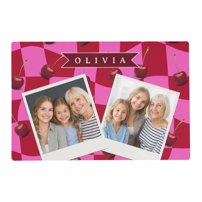 Personalized Cherry Gingham Retro Custom Name Placemat (Front)