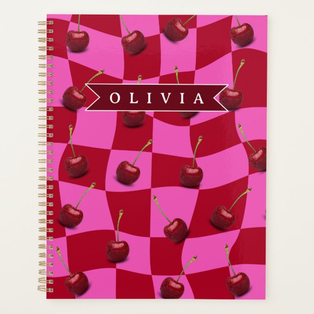 Personalized Cherry Gingham Retro Custom Name Planner (Front)