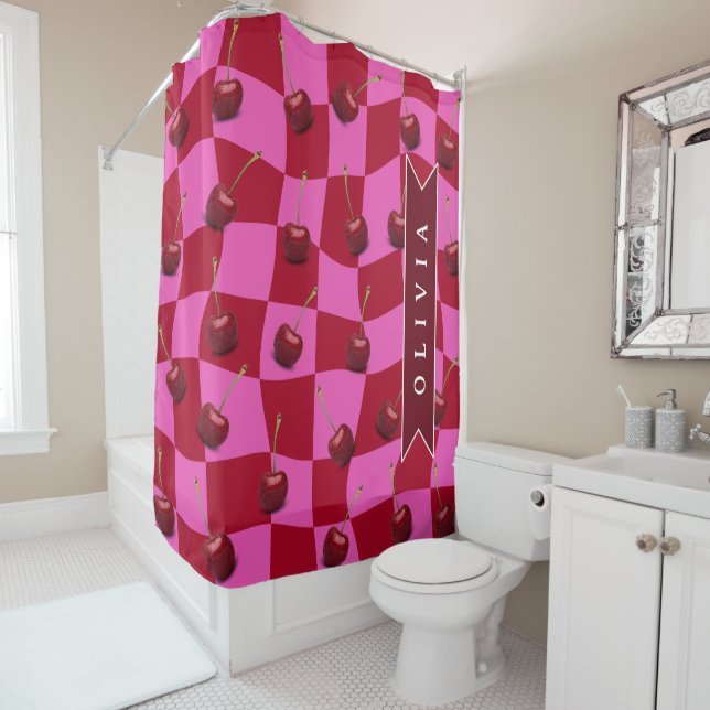 Personalized Cherry Gingham Retro Custom Name Shower Curtain (In Situ)