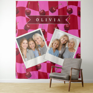 Personalized Cherry Gingham Retro Custom Name Tapestry