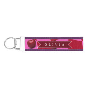 Personalized Cherry Gingham Retro Custom Name Wrist Keychain