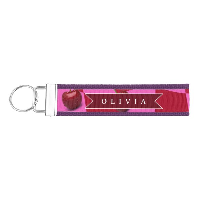 Personalized Cherry Gingham Retro Custom Name Wrist Keychain (Keys on Left)