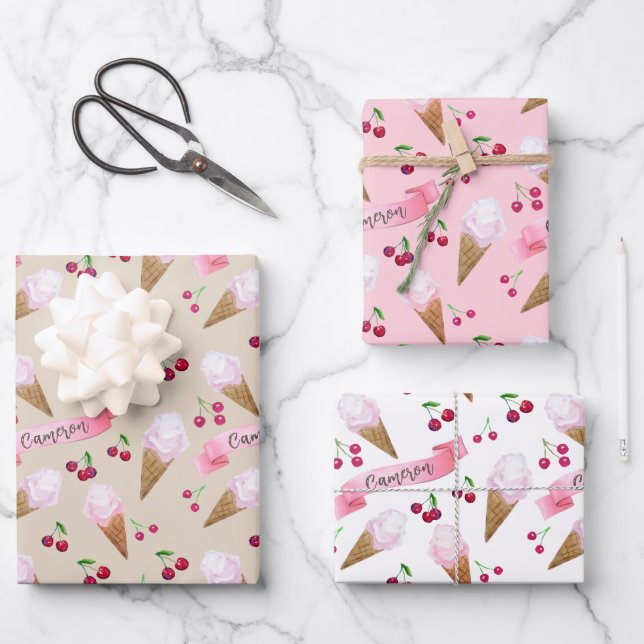 Personalized Cherry Ice Cream Cones Pink Pastels Wrapping Paper Sheets (Front)