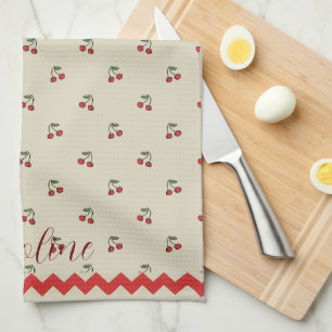 Personalized Cherry Name and Red Zig-Zag Border Kitchen Towel