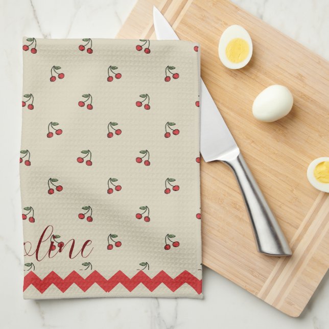 Personalized Cherry Name and Red Zig-Zag Border Kitchen Towel (Quarter Fold)