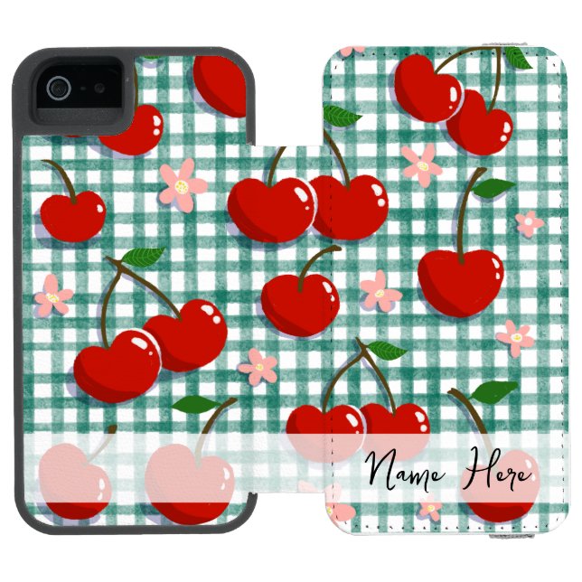 Personalized Cherry on Green Gingham Phone Case –  (Folio Open)