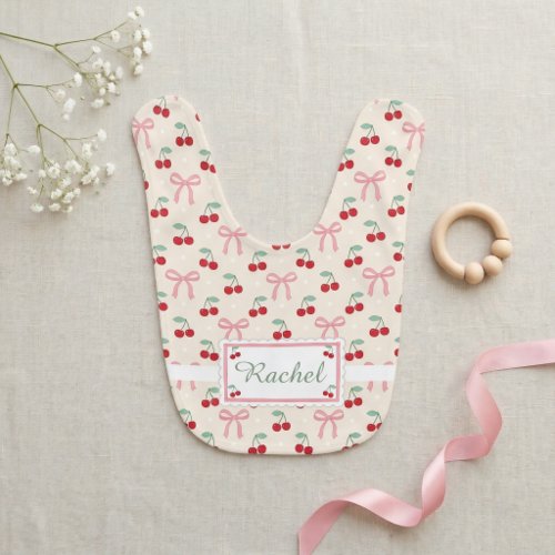 Personalized Cherry Pink Bow Polka Dot Baby Bib