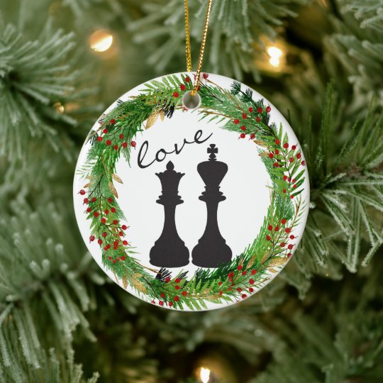 Personalized Chess Black King Queen Couple Love Ceramic Ornament