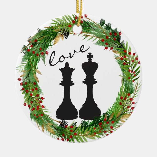 Personalized Chess Black King, Queen Couple Love Ceramic Ornament (Front)
