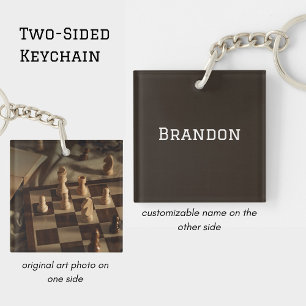 Personalized Chess Board Photo Minimal Men's Name Keychain