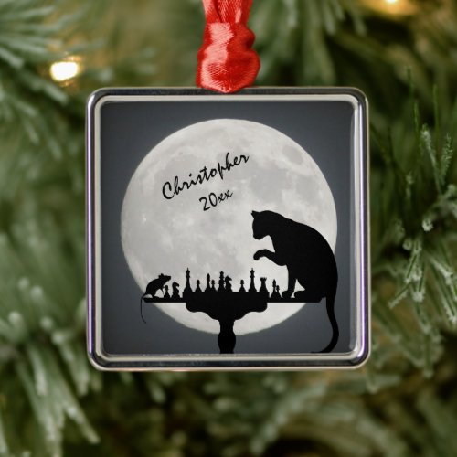 Personalized Chess Full Moon Cat and Mouse Game Metal Ornament