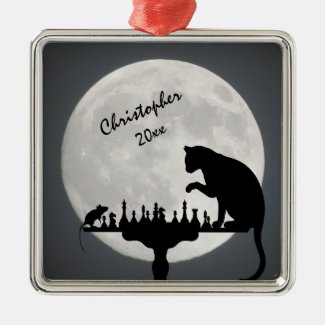 Personalized Chess Full Moon Cat and Mouse Game Metal Ornament