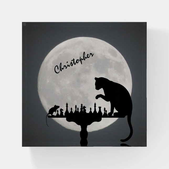 Personalized Chess Full Moon Cat and Mouse Game Paperweight (Front)