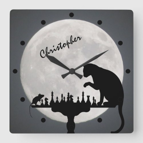 Personalized Chess Full Moon Cat and Mouse Game Square Wall Clock