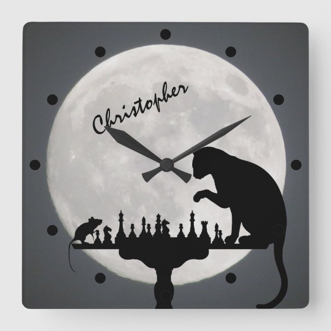 Personalized Chess Full Moon Cat and Mouse Game Square Wall Clock (Front)