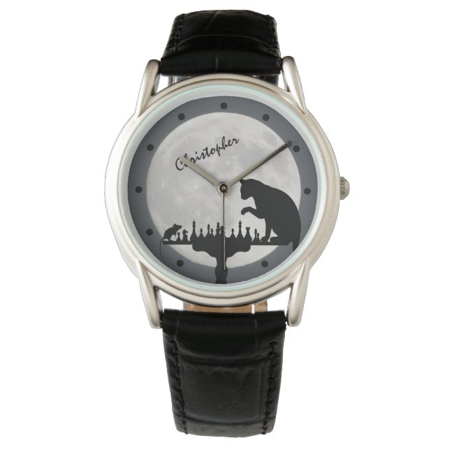 Personalized Chess Full Moon Cat and Mouse Game Watch (Front)
