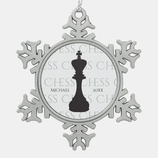 Personalized Chess King Classic Piece Modern Snowflake Pewter Christmas Ornament (Front)