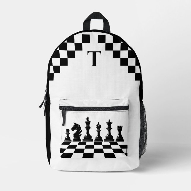 Personalized chess lovers black and white printed backpack (Front)