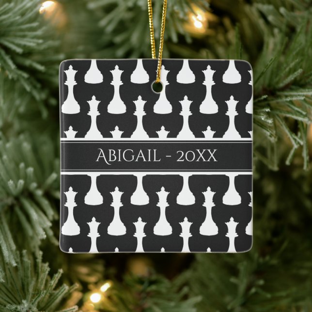 Personalized Chess Queen Black, White Christmas Ceramic Ornament (Tree)