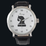 Personalized chess watch gift for adults and kids<br><div class="desc">Personalized chess watch gift for adults and kids. Roman numerals with stylish script typography and knight chess piece icon. Classy black leather band. Chic black and white horse logo with custom name or quote. Unique Birthday gift idea for chess lovers, teacher, student, children ( boy or girl) etc. Board game...</div>