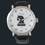 Personalized chess watch gift for adults and kids<br><div class="desc">Personalized chess watch gift for adults and kids. Roman numerals with stylish script typography and knight chess piece icon. Classy black leather band. Chic black and white horse logo with custom name or quote. Unique Birthday gift idea for chess lovers, teacher, student, children ( boy or girl) etc. Board game...</div>
