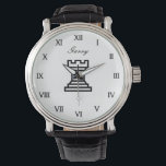 Personalized chess watch gift with the rook symbol<br><div class="desc">Personalized chess watch gift with the rook symbol. Roman numerals with stylish script typography and rook piece icon. Classy black leather band. Chic black and white logo with custom name or quote. Unique Birthday gift idea for chess lovers, teacher, student, kids ( boy or girl) etc. Also great as Fathers...</div>