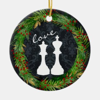 Personalized Chess White King, Queen Couple Love Ceramic Ornament