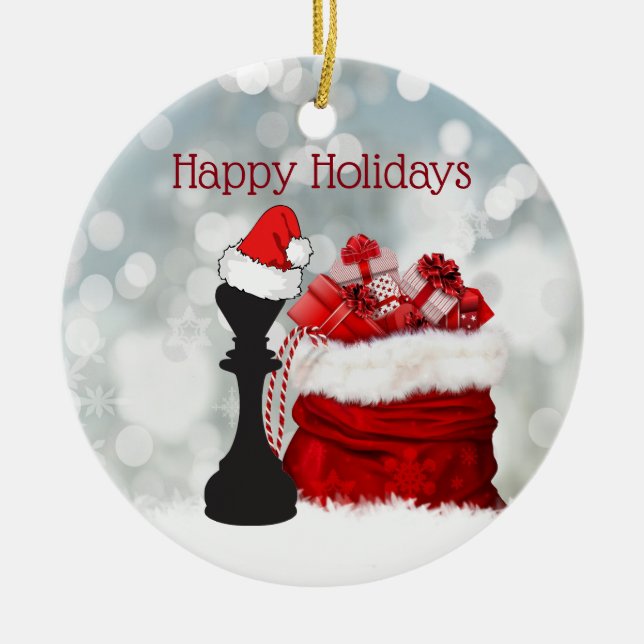 Personalized Chess Winter Snow Santa Christmas Ceramic Ornament (Front)