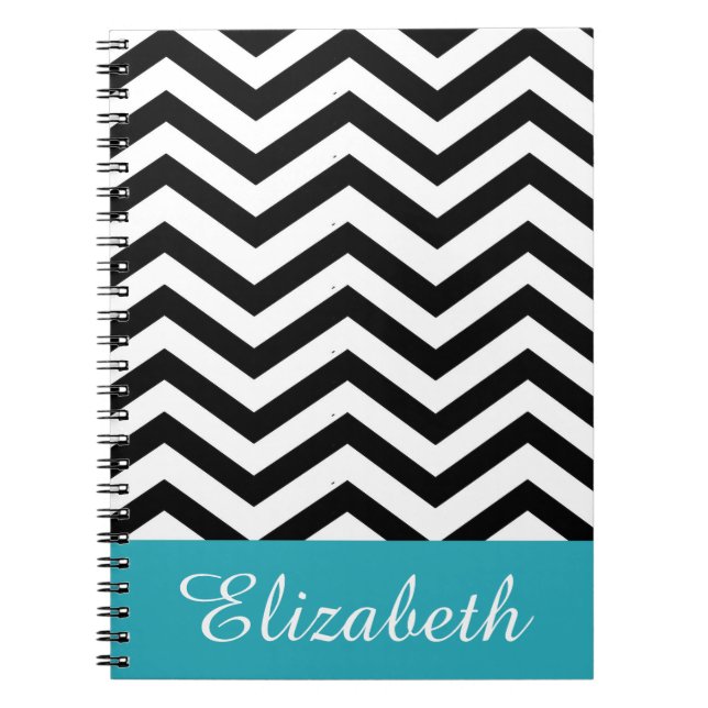 Personalized Chevron Black White Teal Monogram Notebook (Front)