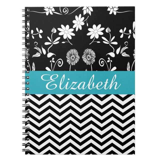 Personalized Chevron Floral Black White Monogram Notebook (Front)