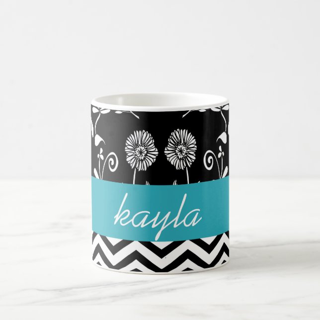 Personalized Chevron & Floral Teal White & Black Coffee Mug (Center)