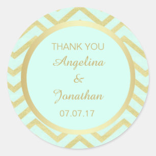 Personalized Chevron Mint Green Gold Foil Wedding Classic Round Sticker