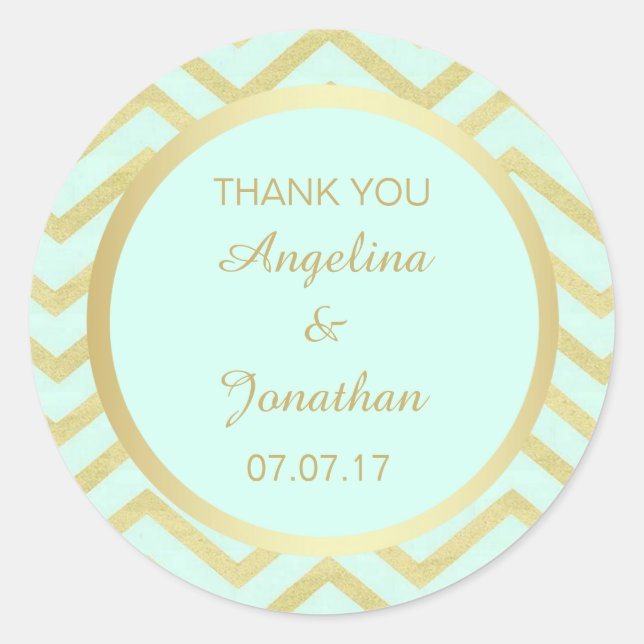 Personalized Chevron Mint Green Gold Foil Wedding Classic Round Sticker (Front)